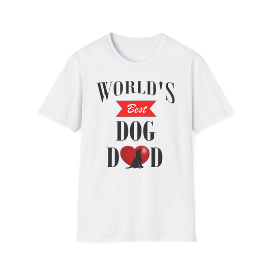 A white t-shirt with the Father's Day quote: World's Best Dog Dad. The A in Dad is a red heart with a dog.