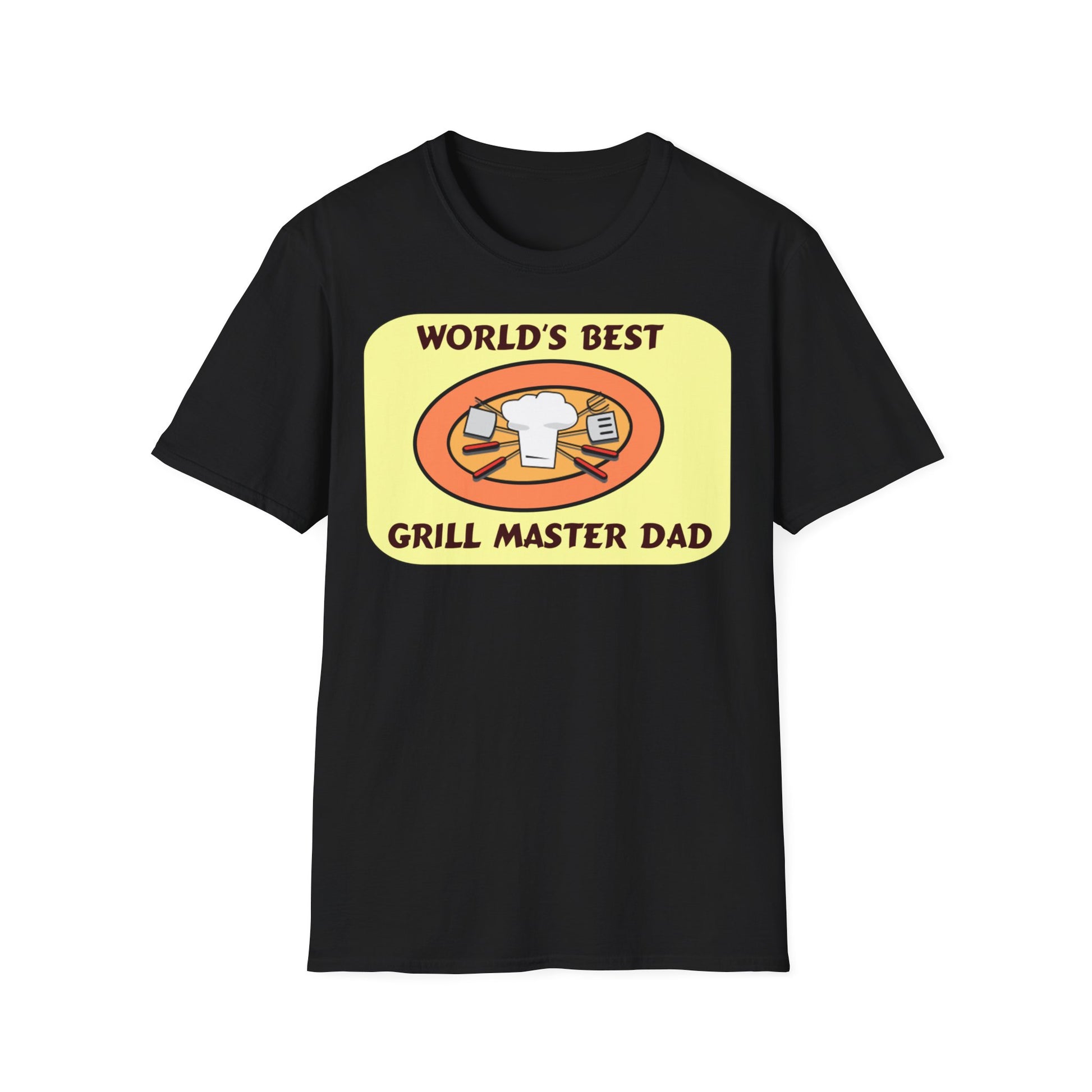 A black t-shirt with a design of BBQ tools and a chef's hat. World's Best Grill Master Dad surrounds the design.