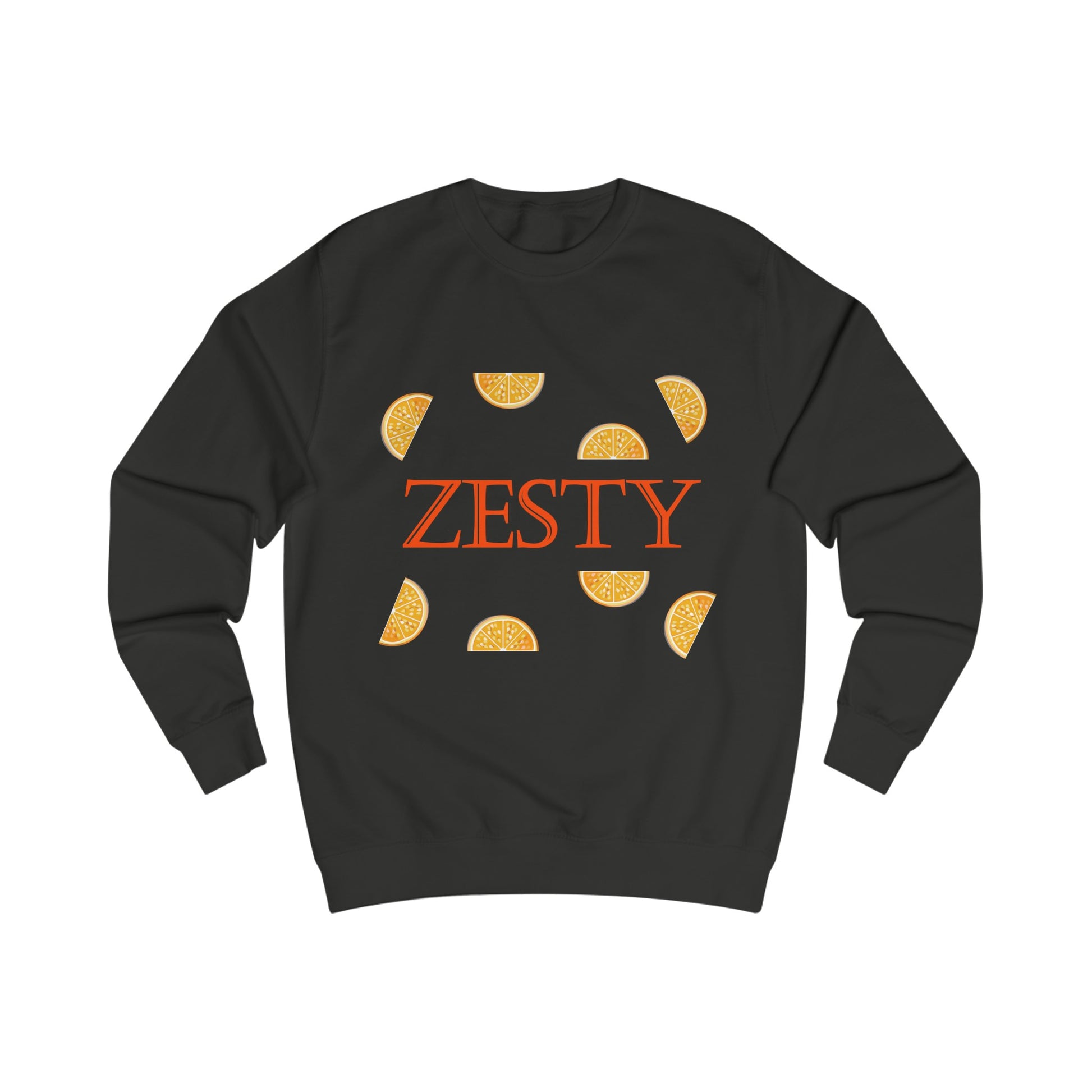 A black sweatshirt with a design of orange fruit slices and the word: Zesty