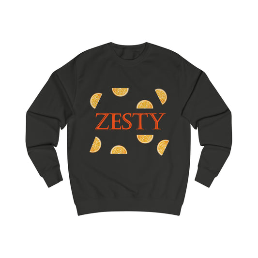 A black sweatshirt with a design of orange fruit slices and the word: Zesty