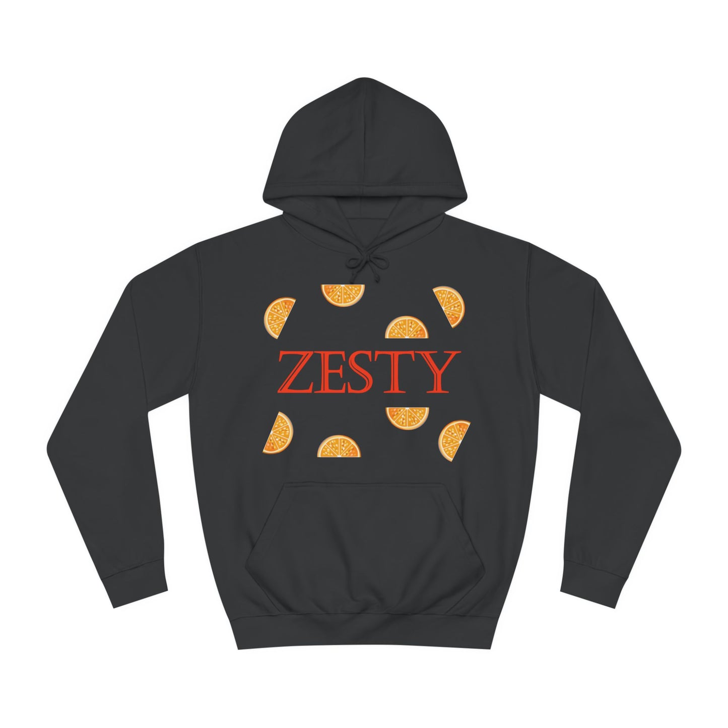 A white hoodie sweatshirt with a design of orange slices and the word Zesty in the middle.