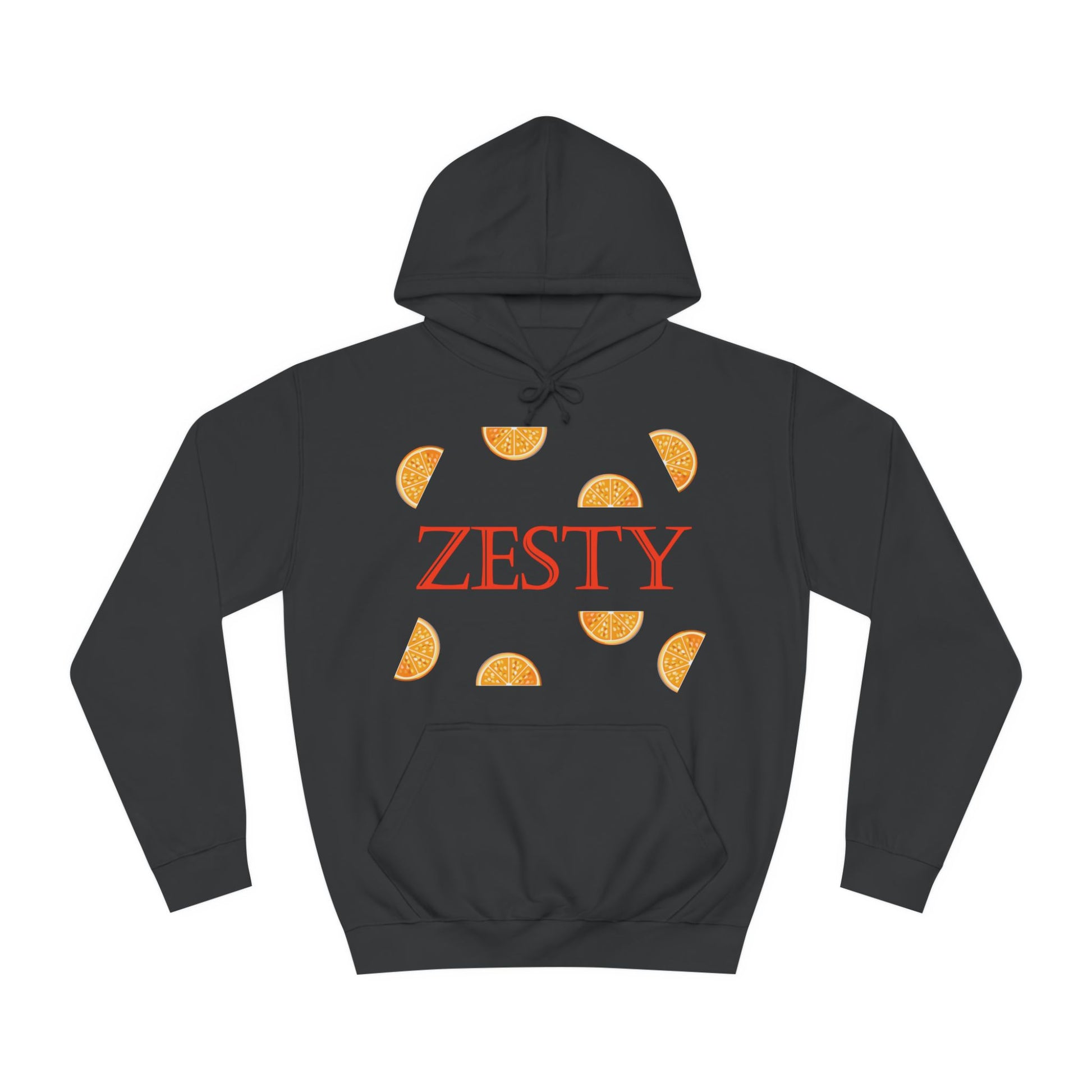 A white hoodie sweatshirt with a design of orange slices and the word Zesty in the middle.