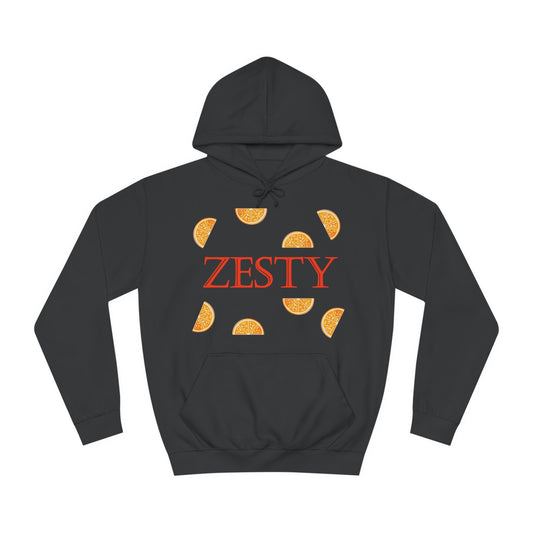 A white hoodie sweatshirt with a design of orange slices and the word Zesty in the middle.