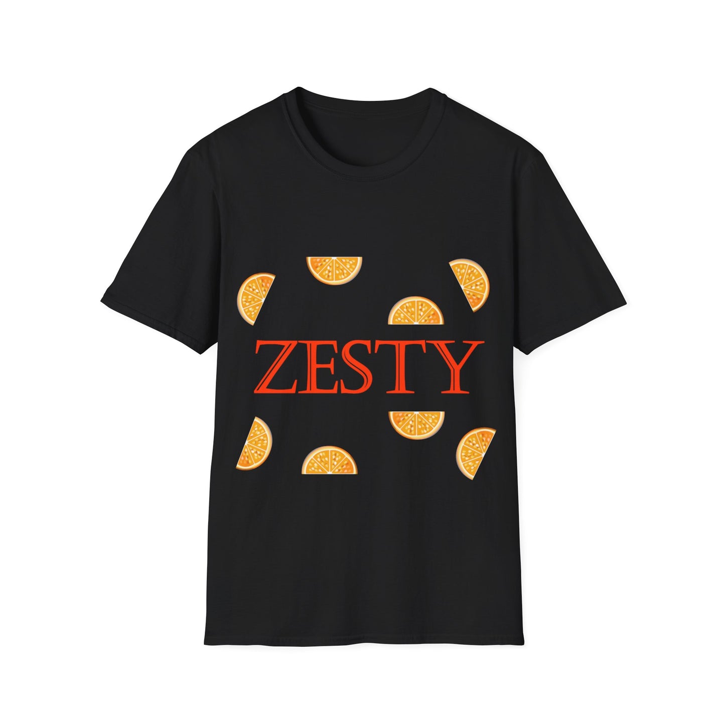A black t-shirt with the word Zesty written in bright orange and surrounded with orange fruit slices
