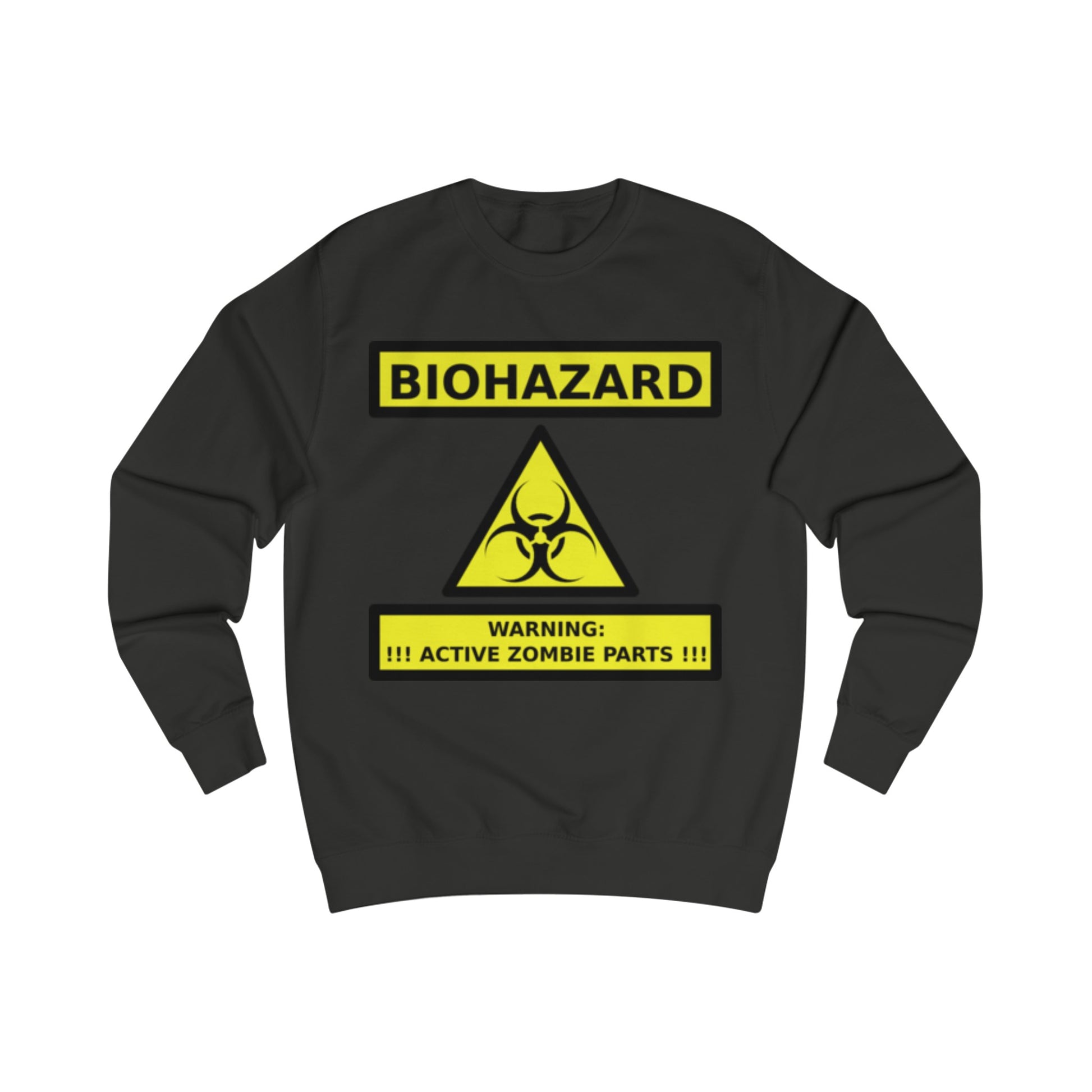 A black sweatshirt with an image of a funny sign reading: Biohazard, Warning: Active Zombie Parts