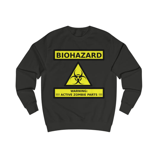 A black sweatshirt with an image of a funny sign reading: Biohazard, Warning: Active Zombie Parts