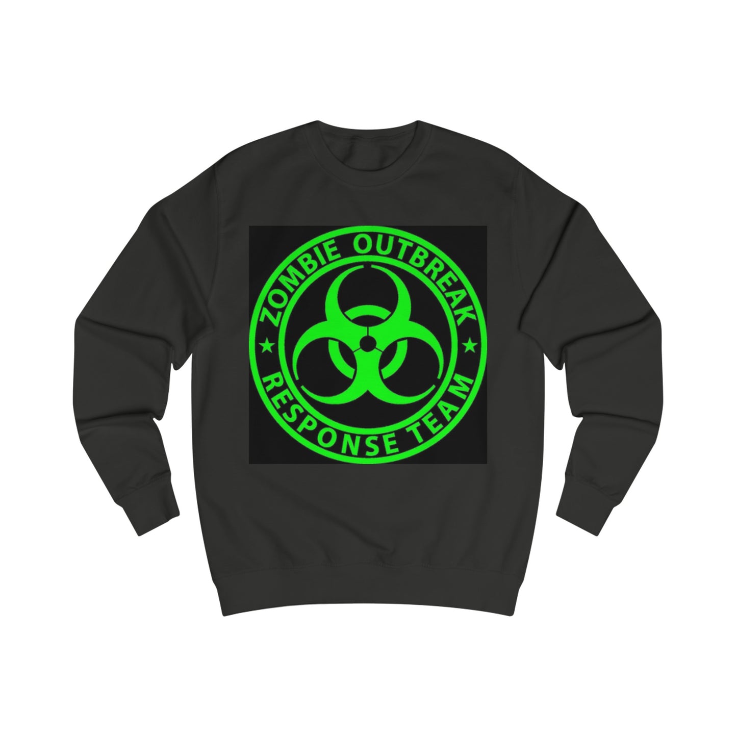 A Black sweatshirt with a design of a Zombie Outbreak Response Team sign in bright green.