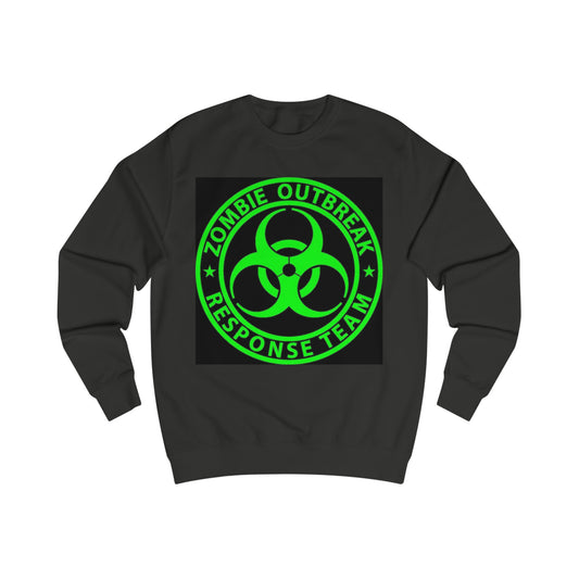 A Black sweatshirt with a design of a Zombie Outbreak Response Team sign in bright green.